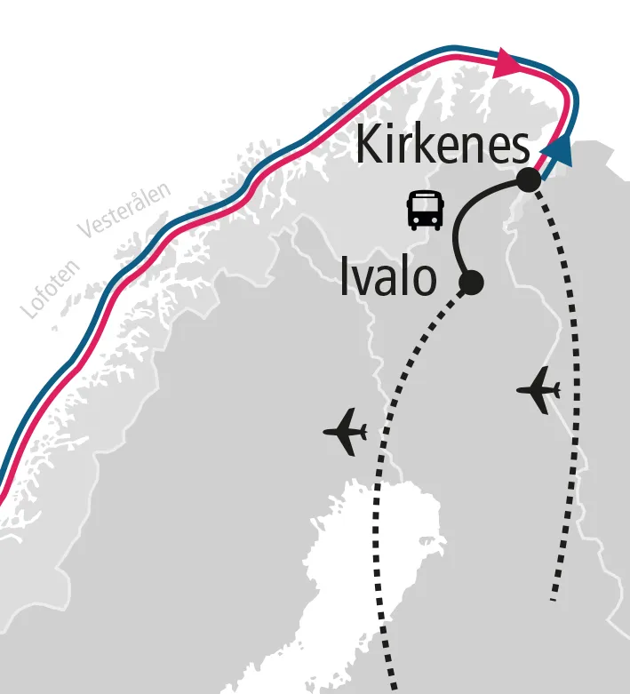 Karte der An- und Abreisewege über Kirkenes: per Flug oder über Ivalo in Finnland mit Bustransfer